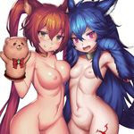  :d animal_ears areolae asymmetrical_docking blue_hair breast_press breasts cerberus_(shingeki_no_bahamut) chain collarbone dakunesu dog_ears fang fang_out fenrir_(shingeki_no_bahamut) granblue_fantasy groin hair_between_eyes hand_puppet highres jewelry large_breasts long_hair looking_at_viewer multiple_girls navel necklace nipples nude open_mouth paw_pose paws puppet pussy red_eyes red_hair shingeki_no_bahamut simple_background small_breasts smile tail take_your_pick twintails v-shaped_eyebrows very_long_hair white_background wolf_ears wolf_tail yellow_eyes 