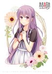  apron black_ribbon blush bracelet commentary_request copyright_name flower hair_ribbon hands_clasped hitsuki_rei jewelry long_hair looking_at_viewer original own_hands_together purple_eyes purple_hair red_string ribbon ring short_sleeves smile solo sparkle string string_on_pinky tress_ribbon upper_body very_long_hair white_apron 