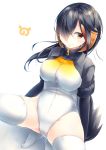  1girl absurdres black_hair commentary_request eyebrows_visible_through_hair hair_over_one_eye headphones highlights highres kanzakietc kemono_friends king_penguin_(kemono_friends) leotard long_sleeves multicolored_hair no_shoes penguin_tail red_hair short_hair solo squatting tail thighhighs yellow_eyes 