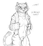  2018 anthro breasts dialogue english_text facial_markings felid female fur guoh kung_fu_panda looking_at_viewer mammal markings master_tigress nipples nude pantherine pubes pussy simple_background solo striped_fur stripes text tiger 