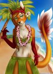  2015 5_fingers anthro black_nose braided_hair breasts brown_hair clothed clothing day etskuni eyelashes female flower fur green_eyes hair looking_at_viewer mammal midriff navel outside plant red_fur smile solo wide_hips 
