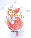  :o ascot black_legwear blonde_hair blush bow breath flandre_scarlet frills from_above hat hat_bow long_sleeves looking_at_viewer mob_cap open_mouth ototobe red_eyes red_footwear red_skirt scarf shoes simple_background sketch skirt snowing solo standing touhou wings winter winter_clothes 