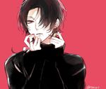  1boy androgynous beauty_mark black_hair black_shirt earrings hair_over_one_eye kashuu_kiyomitsu looking_at_viewer male_focus mole mole_under_mouth nail_polish parted_lips personification ponytail red_background red_eyes red_nails shijima_tohiro simple_background solo touken_ranbu turtleneck twitter_username 