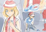  1girl artist_request black_hair blonde_hair blue_bow blue_eyes boots bow collarbone comic disgust eyes furrowed_eyebrows glaring hat kneeling looking_at_another pokemon red red_shirt red_skirt ribbon satoshi_(pokemon) serena_(pokemon) shirt sketch skirt tossing wide-eyed 