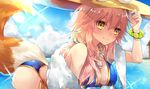  animal_ears bad_id bad_pixiv_id bikini blue_bikini blush breasts cleavage ears_through_headwear fate/extra fate/grand_order fate_(series) fox_ears fox_tail hat highres ichinosenen jewelry large_breasts looking_at_viewer necklace ocean pink_hair solo sun_hat sweat swimsuit tail tamamo_(fate)_(all) tamamo_no_mae_(fate) tamamo_no_mae_(swimsuit_lancer)_(fate) water yellow_eyes 