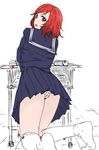  desk food_print grey_eyes kneehighs kneeling looking_at_viewer looking_back love_live! love_live!_school_idol_project nishikino_maki panties partially_colored pleated_skirt print_panties purple_eyes red_hair school_desk school_uniform serafuku shiro_neko_goronya short_hair sketch skirt solo strawberry_panties strawberry_print underwear white_legwear 