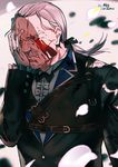  blood blood_on_face bow bowtie butler copyright_name el-zheng facial_hair formal frills gloves hair_ribbon hand_on_own_face highres long_hair long_sleeves low_ponytail male_focus mustache petals re:zero_kara_hajimeru_isekai_seikatsu ribbon solo white_gloves white_hair wilhelm_(re:zero) 