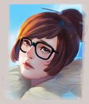  artist_name black-framed_eyewear brown_eyes brown_hair closed_mouth coat face freckles fur-trimmed_jacket fur_coat fur_trim glasses hair_bun hair_ornament hair_stick jacket lips lipstick looking_at_viewer makeup mei_(overwatch) overwatch parka peter_xiao pink_lips pink_lipstick portrait sad_smile short_hair solo tearing_up winter_clothes winter_coat 