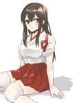  akagi_(kantai_collection) bangs breasts brown_eyes brown_hair fukuroumori hakama japanese_clothes kantai_collection large_breasts long_hair looking_at_viewer red_hakama shadow sidelocks sitting sketch smile solo tasuki thighhighs wariza white_background zettai_ryouiki 