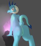  2016 anthro anus blue_scales butt claws cleateater clitoris crystals dragon female friendship_is_magic glowing horn invalid_tag looking_at_viewer looking_back my_little_pony orange_eyes presenting princess_ember_(mlp) pussy rear_view scales scalie smile solo standing 