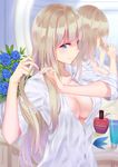  5plus adjusting_hair blonde_hair blue_eyes blue_flower blue_rose bottle breasts cleavage closed_mouth collarbone dior dress_shirt eyelashes flower hair_ornament_removed highres indoors large_breasts lexington_(zhan_jian_shao_nyu) long_hair mirror open_clothes open_shirt perfume_bottle profile reflection rose shirt sleeves_folded_up smile solo upper_body very_long_hair white_shirt zhan_jian_shao_nyu 