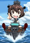  :d anchor blue_sky brown_eyes brown_hair chibi cloud cloudy_sky commentary_request day headgear horizon kantai_collection koutarou_(plusdrive) looking_at_viewer military military_vehicle object_namesake ocean open_mouth outdoors pointing pointing_at_viewer riding school_uniform serafuku ship short_hair sky smile solo turret warship watercraft yukikaze_(destroyer) yukikaze_(kantai_collection) 