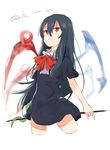  :3 alternate_hair_length alternate_hairstyle asymmetrical_wings black_dress black_hair bow bowtie closed_mouth cropped_legs dress hair_between_eyes houjuu_nue long_hair polearm red_bow red_eyes red_neckwear short_dress short_sleeves sketch smile snake solo standing touhou very_long_hair weapon white_background wings yosu 