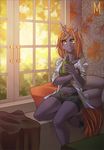  2016 5_fingers anthro clothed clothing day detailed_background equine female fur green_eyes hair hooves horn inside looking_outside mammal margony navel orange_hair purple_fur sitting solo unicorn window 