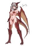  blush breasts claws dragon_girl dragon_tail full_body gem grey_hair horns large_breasts looking_at_viewer monster_girl navel pointy_ears red_eyes scales short_hair signature solo standing stmaster tail wings 