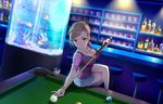  alcohol artist_request ball bar billiards bracelet braid breasts brown_eyes brown_hair cleavage counter crossed_legs cue_ball cue_stick cup drink drinking_glass earrings fish fish_tank french_braid glass hyoudou_rena idolmaster idolmaster_cinderella_girls idolmaster_cinderella_girls_starlight_stage indoors jewelry jpeg_artifacts large_breasts light_smile looking_at_viewer necklace official_art pool_table pose side_slit sitting skirt smile solo stool 