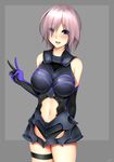  :d breasts elbow_gloves fate/grand_order fate_(series) gloves grey_background highres large_breasts looking_at_viewer mash_kyrielight navel open_mouth purple_eyes revision short_hair silver_hair simple_background smile solo tony_guisado v 