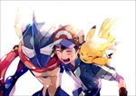  arm_around_shoulder baseball_cap black_border black_hair border closed_eyes fingerless_gloves gen_1_pokemon gen_6_pokemon gloves greninja hat male_focus pikachu pokemon pokemon_(anime) pokemon_(creature) pokemon_xy_(anime) satoshi_(pokemon) simple_background smile white_background yuuichi_(bobobo) 