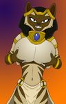  2016 anthro basthet big_breasts breasts cat claws clothed clothing egyptian feline female hi_res holding_breast huge_breasts humanoid jewelry looking_at_viewer mammal monster monster_legends simple_background smile smr solo video_games 