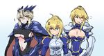  age_difference ahoge anger_vein armor armored_dress artoria_pendragon_(all) artoria_pendragon_(lancer) artoria_pendragon_(lancer_alter) blonde_hair breast_envy breasts cape center_opening cleavage cleavage_cutout closed_eyes covered_navel depo_(typebaby505) fate/grand_order fate/stay_night fate_(series) gauntlets green_eyes hair_bun horns large_breasts long_hair looking_at_another midriff multiple_girls multiple_persona navel open_mouth pauldrons puffy_sleeves saber sidelocks sparkle sweatdrop underboob upper_body yellow_eyes 