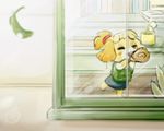  2016 animal_crossing cainethelongshot canine clothed clothing cub dog female fur isabelle isabelle_(animal_crossing) leaf mammal nintendo shell smile solo standing video_games window young 
