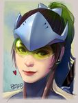  armor artist_name bow brown_hair closed_mouth cyborg earrings eyelashes face forehead_protector genderswap genderswap_(mtf) genji_(overwatch) green_hair hair_bow heart helmet jewelry katana lips lipstick long_hair makeup multicolored_hair overwatch peter_xiao pink_lips pink_lipstick ponytail portrait smile solo spoken_heart stud_earrings sword turtleneck two-tone_hair visor weapon weapon_on_back 