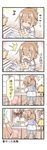  2girls 4koma brown_eyes chibi closed_eyes comic commentary emphasis_lines folded_ponytail fujishima_shinnosuke highres ikazuchi_(kantai_collection) inazuma_(kantai_collection) indoors kantai_collection kettle kitchen kneehighs multiple_girls open_mouth plasma-chan_(kantai_collection) pleated_skirt ponytail pouring school_uniform serafuku sink skirt solid_circle_eyes standing_on_object sweatdrop towel translated 