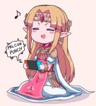  blonde_hair blush chibi controller dress earrings eyes_closed f-zero game_console game_controller hair_ornament handheld_game_console jewelry joy-con long_hair nazonazo_(nazonazot) nintendo nintendo_switch open_mouth playing_games pointy_ears princess_zelda simple_background sitting smile solo super_smash_bros. super_smash_bros._ultimate the_legend_of_zelda the_legend_of_zelda:_a_link_between_worlds tiara triforce 