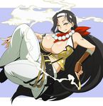  1girl belt black_hair breasts brown_eyes cleavage haganemaru_kennosuke jasmine_(senran_kagura) jewelry large_breasts long_hair looking_at_viewer midriff necklace pipe senran_kagura smoking_pipe solo 