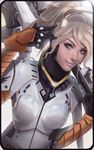  absurdres alternate_eye_color armor bangs black_gloves blonde_hair bodysuit breastplate breasts closed_mouth eyelashes gloves green_eyes hair_ornament hair_tie hand_up headgear highres holding holding_staff holding_weapon lips long_hair long_sleeves looking_at_viewer makeup mascara mechanical_halo mechanical_wings medium_breasts mercy_(overwatch) over_shoulder overwatch petri_rahkola ponytail signature simple_background smile solo spread_wings staff swiss_flag turtleneck upper_body w weapon weapon_over_shoulder white_background wings yellow_wings 