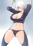  angel_(kof) blue_eyes breasts cameltoe cleavage hair_over_one_eye highres huge_breasts johan_(johan13) navel parted_lips short_hair sleeves_rolled_up smile solo the_king_of_fighters the_king_of_fighters_xiv white_hair 
