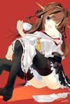  brown_hair cup detached_sleeves headgear jpeg_artifacts kantai_collection kongou_(kantai_collection) long_hair long_sleeves md5_mismatch nakamura_takeshi nontraditional_miko one_eye_closed open_mouth panties pantyshot pantyshot_(sitting) pleated_skirt purple_eyes sitting skirt smile solo teacup thighhighs underwear wide_sleeves 