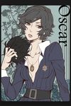  1boy androgynous belt black_hair blue_eyes breast_padding character_name collarbone crossdressing dress half-closed_eyes lupin_iii male_focus necklace open_clothes oscar_(lupin) parted_lips school_uniform shijima_tohiro simple_background solo trap uniform upper_body wavy_hair wig 