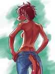  analon anthro armpits blue_eyes breasts clothed clothing female hair hands_on_hips looking_at_viewer pants red_hair red_skin reptile scalie short_hair smile solo standing 