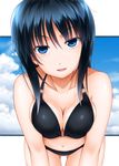  ass_visible_through_thighs bikini black_bikini black_hair blue_eyes breast_squeeze breasts cleavage collarbone highres leaning_forward medium_breasts navel original solo sumeragi_tomo swimsuit 