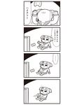  1girl 4koma :3 bad_id bkub comic controller game_controller greyscale highres monochrome poptepipic popuko school_uniform serafuku sidelocks simple_background spoken_ellipsis television translated truth two-tone_background two_side_up 