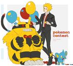  blonde_hair blue_eyes bow bowtie character_name denji_(pokemon) electivire formal gen_4_pokemon looking_at_another loose_necktie male_focus necktie pokemon pokemon_(creature) pokemon_(game) pokemon_dppt red_eyes red_neckwear shinx sitting suit yellow_eyes yuuichi_(bobobo) 