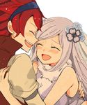  1girl aila_jyrkiainen atsumi_yoshioka closed_eyes couple eyewear_on_head gundam gundam_build_fighters gundam_build_fighters_try happy hetero hug long_hair red_hair reiji_(gundam_bf) short_hair silver_hair smile sunglasses 