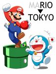  &gt;_&lt; 2boys :d arm_up bad_id bad_pixiv_id ball bell blue_eyes brazilian_flag brown_hair clenched_hand closed_eyes collar crossover doraemon doraemon_(character) facial_hair flag gloves hat japanese_flag jingle_bell mario mario_(series) multiple_boys mustache olympics open_mouth outstretched_arm overalls pouch riko_(sorube) shoes smile super_mario_bros. warp_pipe white_gloves 