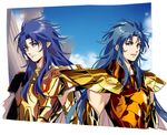  armor blue_eyes blue_hair brothers commentary_request gemini_kanon gemini_saga gold_armor gold_saint happy_birthday hug_(yourhug) long_hair male_focus multiple_boys open_mouth saint_seiya siblings smile twins 