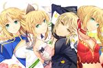  ahoge artoria_pendragon_(all) bad_id bad_pixiv_id blonde_hair blue_eyes breasts choker cleavage detached_sleeves ells fate/extra fate/stay_night fate/unlimited_codes fate_(series) flower green_eyes juliet_sleeves long_sleeves looking_at_viewer medium_breasts midriff multiple_girls navel nero_claudius_(fate) nero_claudius_(fate)_(all) puffy_sleeves saber saber_alter saber_lily small_breasts smile type-moon white_background 