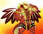  abs biceps big_muscles blonde_hair dragon eyes_closed flexing hair horn huge_muscles jewelry kuroma male muscular pecs pose quads reptile scalie see_trough_clothes sharp_teeth sixpack smile solo spikes teeth thick_tail triceps wide_hips wings 