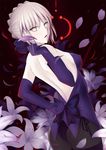 artoria_pendragon_(all) ass backless_outfit bare_back blonde_hair breasts covered_nipples elbow_gloves fate/grand_order fate/stay_night fate_(series) flower gloves highres illusionk looking_at_viewer looking_back medium_breasts saber_alter sideboob solo type-moon yellow_eyes 