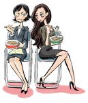  black_hair brown_hair business_suit chopsticks eating food formal godzilla_(series) jacket kawamura_nawoko kayoko_ann_patterson long_hair multiple_girls ogashira_hiromi pencil_skirt shin_godzilla short_hair skirt skirt_suit suit udon 