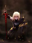  amase_(yagami666) armor artoria_pendragon_(all) black_armor blonde_hair dark_excalibur dissolving_clothes fate/grand_order fate/stay_night fate_(series) highres planted_sword planted_weapon saber_alter short_hair solo sword weapon yellow_eyes 
