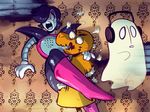  ambiguous_gender animate_inanimate battered black_hair doll dummy empty_eyes ghost group hair hair_over_eye haunted_house headphones humanoid humor machine mad_dummy male metal mettaton mettaton_ex napstablook not_furry open_mouth robot scared spirit teeth undertale video_games 
