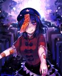  blue_eyes blue_hair hat highres licking_lips looking_at_viewer miyako_yoshika ofuda one_eye_covered outstretched_arms scar shan smile solo star stitches tongue tongue_out touhou upper_body zombie_pose 