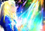  artoria_pendragon_(all) blonde_hair blue_eyes breasts cleavage_cutout colorful dress excalibur fate/grand_order fate/stay_night fate_(series) glowing glowing_sword glowing_weapon hair_down highres juliet_sleeves long_hair long_sleeves puffy_sleeves rain saber small_breasts solo takasaki_aneki weapon wet wet_clothes wet_dress 