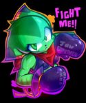  2016 anthro black_background boxing_gloves breasts carol_tea clothed clothing english_text feline female freedom_planet frown fur green_eyes green_fur mammal midriff pedrovin scarf shirt simple_background solo tank_top text video_games wildcat 
