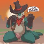  2016 absurd_res alligator animal_genitalia anthro bandanna bull_gator clothing cowboy cowboy_hat crocodilian dialogue english_text erection front_view gloves green_scales hat hi_res humanoid_penis kneeling lasso looking_at_viewer looney_tunes male mostly_nude multicolored_scales naughty_face neckerchief penis reptile retracted_foreskin rope scales scalie sheath shiuk slightly_chubby solo spread_legs spreading sunset talking_to_viewer tan_countershading tan_scales taz-mania text two_tone_scales uncut warner_brothers 